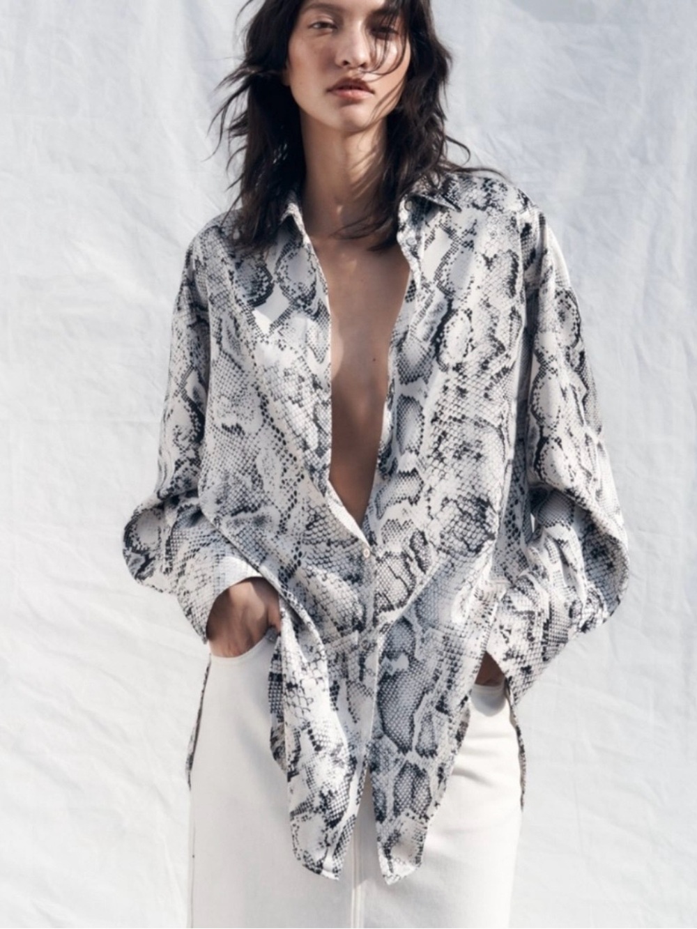 ZARA Snakeskin Print Button-Down Shirt in White and Gray